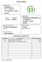Imagen de una nota de pedido albarán. En la parte superior izquierda se muestra el nombre de la empresa y sus datos. Debajo, el número de pedido y la fecha. En la parte superior derecha aparece el anagrama así como los datos identificativos del proveedor. En la parte central del documento hay dos recuadros para indicar las condiciones del pedido: lugar y fecha de entrega y forma de pago. Debajo hay una tabla con tres columnas para: cantidad, descripción y precio. Al pie del documento hay un espacio para la firma del comprador.