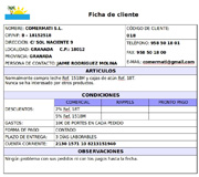 Se ve una ficha de clientes estructurada de la siguiente manera: en la parte superior izquierda lleva el anagrama de la empresa, que lo forman un sol y una palmera. Justo debajo, están los datos identificativos del cliente: nombre, CIF, dirección, localidad, provincia, persona de contacto, número de cliente, teléfono, email y fax. En la parte central de la ficha hay un apartado para la descripción de los artículos. En la parte inferior se ubican los distintos tipos de descuentos, gastos, formas de pago y datos bancarios, así como un apartado para observaciones.