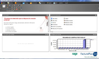 Pantalla de inicio del programa de facturación FacturaPlus, donde se puede apreciar, en la parte superior, un menú que contiene las distintas prestaciones que ofrece el programa. En el centro de la pantalla se observan gráficos  y otra datos útiles para el manejo del programa.