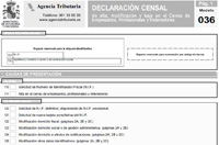 Extracto de la parte superior de una declaración de Hacienda 036, que se presenta para dar de alta la actividad de la empresa. En este trozo de la declaración se observan las casillas correspondientes a los datos identificativos de la empresa, y las causas de la presentación de la declaración.
