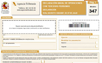 Extracto de la parte superior de la declaración de Hacienda 347, que refleja las operaciones que realiza la empresa por importes superiores a 3.005,06 euros. En este extracto podemos observar la parte correspondiente a los datos del declarante, el ejercicio al que nos referimos y el modo de presentación de la declaración.