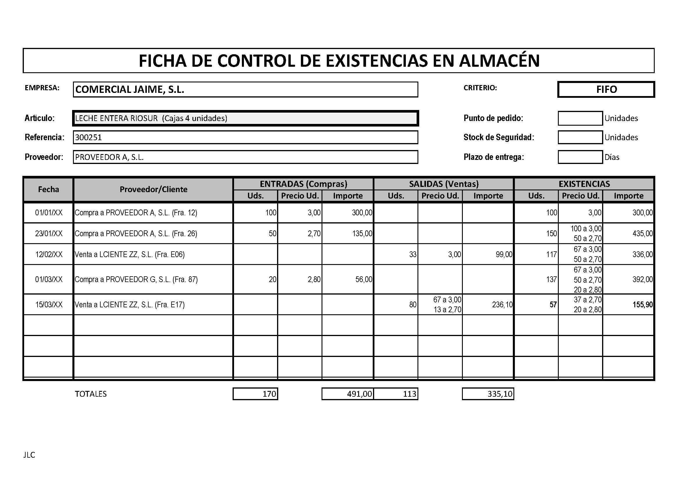 Ficha de almacén resuelta por el método fifo.