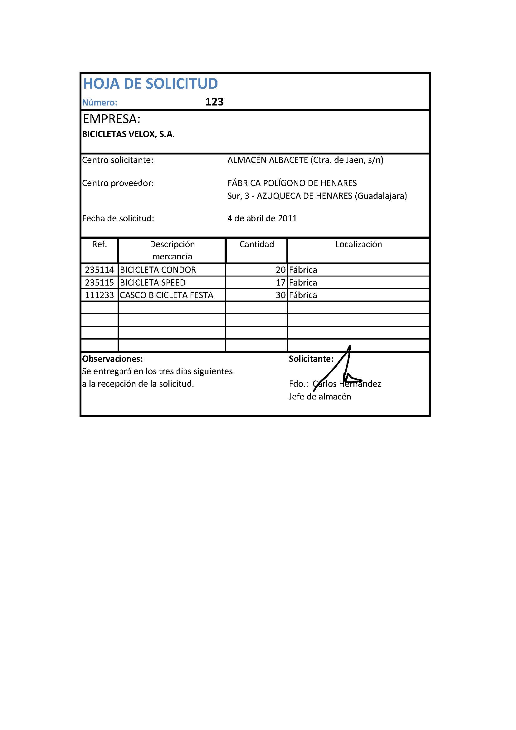 Modelo de solicitud de mercancía resuelto.