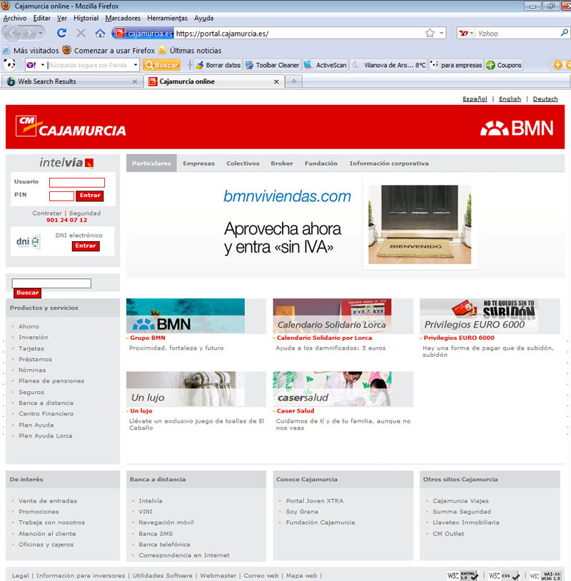 Imagen de la página principal de Internet de la entidad financiera CajaMurcia, donde se puede observar, en un menú en la parte superior, y otro en el lateral izquierdo, las distintos servicios que ofrece la página, y que van desde información sobre productos bancarios, realización de operaciones, hasta otros servicios como premios, eventos, etcétera. Arriba a la izquierda se ve el espacio para incorporar el nombre de usuario y la contraseña para entrar en el espacio virtual de la entidad.