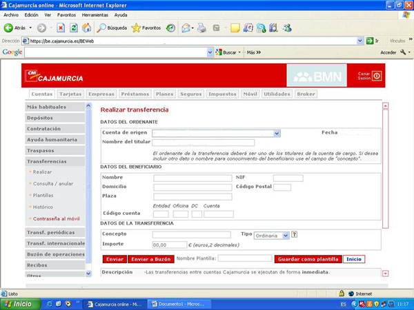 En la imagen puedes observar la pantalla que hay que cumplimentar para realizar la transferencia, poniendo los nombre, dirección y número de cuenta del ordenante y del beneficiario de la transferencia, así como el importe, el concepto y la fecha en la que se lleva a cabo.