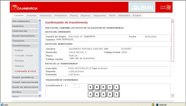 .En la imagen aparece una pantalla de confirmación de los datos aportados a la transferencia, para que se vuelva a comprobar que son correctos. Y debajo de los datos, aparecen dos filas de números colocados aleatoriamente, para que el ordenante de la transferencia marque los números que corresponden a las coordenadas D-1 que son las que pide la pantalla, y que tendrá en una cartulina que previamente le entregó el banco, y así dé validez a la transferencia.