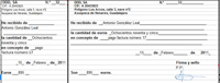 En la imagen se puede ver un recibo rellenado por alguien de la empresa vendedora DDD, SA, y que firma en nombre de la misma. El recibo se emite a Don Antonio González Leal, indicando todos los datos de importe, número de recibo, concepto del pago y fecha en la que se realiza.