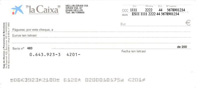magen de un cheque de la entidad financiera La Caixa, en la que se pueden observar los huecos donde insertar los datos de la entidad, la cuenta bancaria del emisor del cheque, la persona a la que se dirige, el importe y la fecha de emisión.
