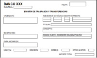 Imagen en la que puedes ver un modelo de transferencia del banco XXX, donde consta los datos de ordenante y beneficiario de la transferencia, las cuentas que intervienen, y el importe que se transfiere, además de casillas para incluir los gastos de comisiones, correo y otros gastos.