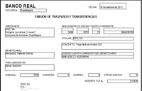 Imagen en la que puedes ver un modelo de transferencia rellenado como solución a un ejercicio resuelto. Aparecen los datos del banco Real, que es la entidad donde tiene la cuenta el ordenante , los datos de este ordenante, los del beneficiario, sus cuentas, los datos del banco Marinero, que  es el banco donde se abona el dinero de la transferencia, el importe que se transfiere, y la cantidad que se paga