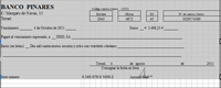 Imagen de un pagaré rellenado, como solución a un ejercicio resuelto. Sobre fondo gris, contiene los datos del banco del librado, que es el Banco Pinar, la cuenta desde la que se hará el pago, el importe que se va a pagar, la fecha de emisión del pagaré, y la fecha de vencimiento, la mención expresa de a quién se va a realizar el pago, y finalmente la firma del librado.