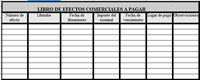 Imagen de una hoja de un libro de efectos comerciales a pagar, que contiene siete columnas para rellenar, que, por orden, contienen el número de efecto, el librador, la fecha de libramiento, el importe, fecha de vencimiento, lugar de pago y observaciones.