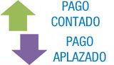 Cuadro que contiene dos flechas, una en tono verde, que indica hacia arriba, junto al texto “pago al contado”; y otra, en tono azul, que indica hacia abajo, junto al texto “pago aplazado”.