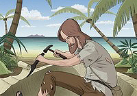 Robinson Crusoe construye una canoa.