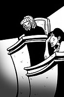 Ilustración en blanco y negro en la que se ve a un testigo interrogado por un juez.