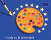 Paleta de pintura con varias estrellas de colores rodeada por estrellas blancas que simulan la bandera europea con el lema “Unida en la diversidad”.