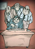 Ilustración de una persona observando una perla sobre una mesa con tres personajes a sus espaldas observando la escena.