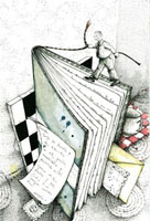 Ilustración de una persona con documentos caminando sobre un libro.