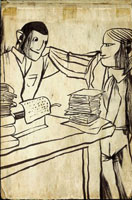 Ilustración de dos personas entre documentos felicitándose.