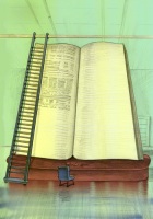 Ilustración de un libro grande con una escalera para consultarlo.