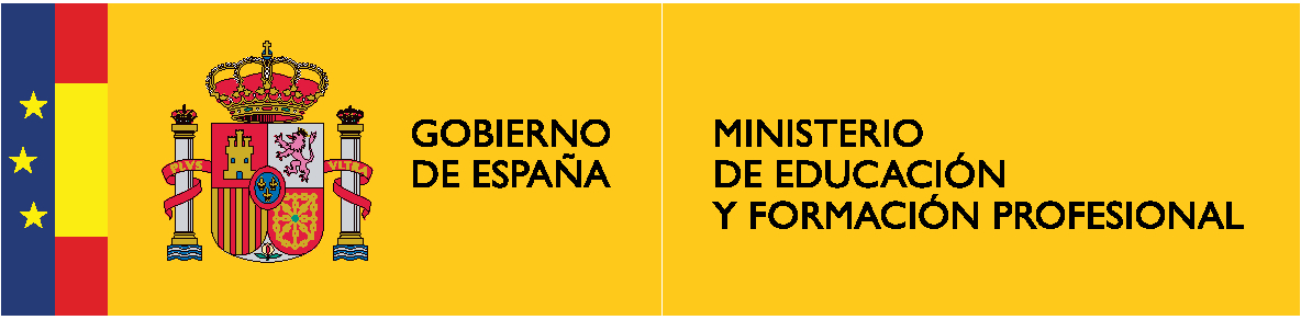 Logotipo del Ministerio de Educación y Formación Profesional. Junto a una banda vertical que representa esquemáticamente la bandera de Europa y otra que representa la bandera de España, aparece el escudo de España, y el texto: Gobierno de España. Ministerio de Educación y Formación Profesional.