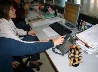Integración. Se observa a dos administrativas desde la parte lateral derecha, una está frente al ordenador y la otra está a punto de descolgar el teléfono.