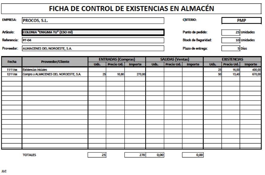 Ficha almacén PF-04. Se muestra la ficha de almacén del artículo PF-04.