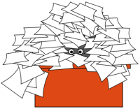 Papeles. Dibujo animado donde se muestran unos ojos dentro de una caja de color naranja tapados por un gran montón de papeles desordenados.