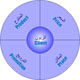 La imagen un disco de color azul, con cuatro divisiones que representan los elementos del marketing mix (precio, producto, promoción y distribución) escrito en el idioma inglés y árabe.