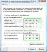 Ventana de configuración de los parámetros de red en Windows. Propiedades del protocolo TCP/IP.