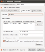 Ventana para configurar los datos de red en Linux Ubuntu.