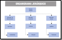 Modelo de organización jerárquica con tres departamentos: administrativo, comercial y ventas. De cada uno de los departamentos cuelgan dos secciones o subdepartamentos. Todos ellos dirigidos por el director general el cual se encuentra en la jerarquía superior.