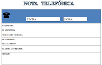 Modelo de nota telefónica, que contiene cinco filas:  la primera es el encabezado con fondo azul, una imagen de un telefono y  a la derecha dos rectangulos, uno, para la fecha y otro, para la hora;  la segunda fila incluye tres apartados: ha llamado, la empresa y teléfono de contacto; la tercera fila incluye dos apartados: destinatario y departamento; la cuarta fila es “llamada atendida por” y la quinta y última, el mensaje.