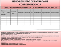 Imagen de una tabla con los apartados para el registro de la correspondencia de entrada.