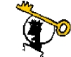 Es un  muñeco en negro sujetando con las manos elevadas una llave de color amarillo. Es un Gif por lo que está en movimiento.