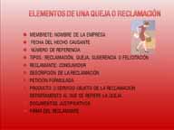 En la parte superior aparece el título “Elementos de una hoja de reclamaciones” y a continuación se detallan las partes en que se divide una hoja de reclamaciones, indicando el contenido de cada una de ellas.