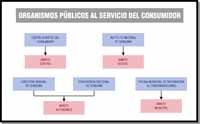 En la parte superior en rojo viene el título “Organismos Públicos al servicio del consumidor”, debajo cuatro círculos, también en rojo, representativos de los cuatro ámbito de actuación de los organismos al servicio del consumidor. A estos círculos llegan unas flechas y unos recuadros, en azul, donde vienen recogidos los diferentes organismos de defensa de los consumidores.
