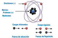 Composición de un átomo, diferenciando sus distintos elementos, electrones, protones y neutrones así como sus cargas.