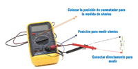 Imagen de un polímetro digital en su función como óhmetro, y su manera de conectarlo a un resistor.