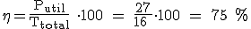 Rendimiento del generador (ƞ letra griega Eta minúscula) es igual al cociente entre la potencia útil (P mayúscula sub útil) y la potencia total (P mayúscula sub total) por cien. Se sustituyen en la fórmula los valores dados de potencia útil (Pútil) y potencia total (Ptotal). Resultado: 75%.