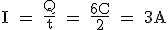Intensidad (I mayúscula) es igual a la cantidad de electricidad (Q mayúscula) en Culombios dividida entre  el tiempo (t minúscula) en segundos. Se sustituyen en la fórmula los valores dados  de carga de energía (Q) y tiempo (t). Resultado: 3 Amperios.