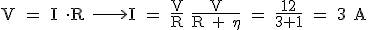 Tensión eléctrica (V mayúscula) es igual a la intensidad (I mayúscula) por la resistencia (R mayúscula). Despejando la formulas intensidad (I mayúscula) es igual a tensión (V mayúscula) dividida por la resistencias (R mayúscula). Se sustituyen en la fórmula los valores dados de tensión (V) y resistencia. Resultado: 3 Amperios.