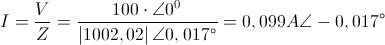 Intensidad (I mayúscula) es igual a tensión (V mayúscula) entre la impedancia (Z mayúscula). Se sustituyen en la fórmula los valores dado.