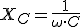 Reactancia capacitiva (X sub C) es igual a 1 entre del producto de la capacidad de un condensador (C mayúscula) por la pulsación angular (ω omega).