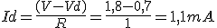 Intensidad del diodo(I mayúscula sub d) es igual a la tensión (V mayúscula) menos la tensión del diodo (V mayúscula sub d) dividida por la resistencia (R mayúscula). Sustituimos los valores dados en la fórmula. Resultado: 1.1 miliamperios.