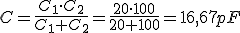 Condensador (C mayúscula) es igual a la división entre la multiplicación de la capacidad del condensador 1 (C mayúscula sub 1) y el condensador 2 (C mayúscula sub 2) entre la suma de la capacidad del condensador 1 (C mayúscula sub 1) y el condensador 2 (C mayúscula sub 2). Sustituimos los valores dados de capacidad de los condensadores. Resultado: 16,67Picofaracdios.