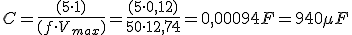 Condensador (C mayúsculas) es igual a la división de 5 por la corriente suministrada (I mayúsculas) entre la frecuencia de red (f minúscula) por la tensión de pico (V mayúscula sub max). Se sustituyen en la fórmula los valores dados. RESULTADO: 940 microfaradios.