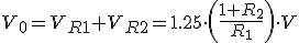 La tensión de salida (V mayúscula sub 0) es igual a la suma de las tensiones de la resistencia uno (V mayúscula sub R1) y la resistencia dos (V mayúscula sub R2). Se sustituyen en la formula los valores conocidos.