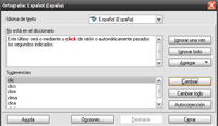 Captura de pantalla de la ventana del corrector ortográfico de Writer.