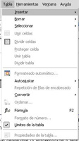 Captura de pantalla del menú tabla de Writer.